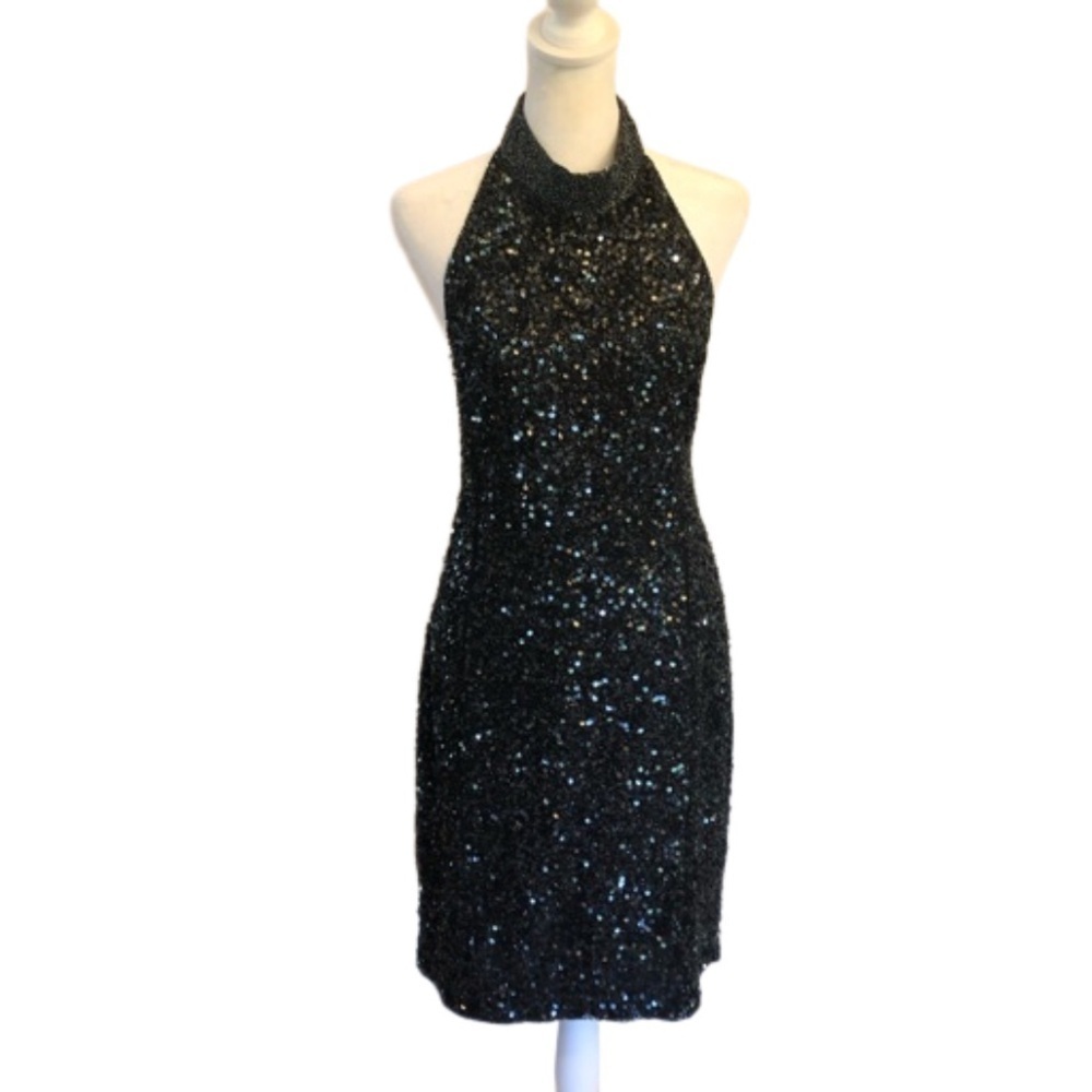 Stenay Size 14 100% silk sequined choker neck halter dress. Black vintage sexy